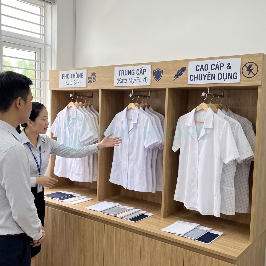 Các mẫu áo sơ mi đồng phục trắng được trưng bày theo từng phân khúc tại cửa hàng may mặc เขตวัฒนา