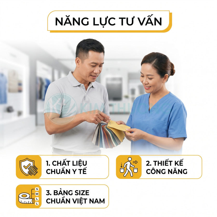 Nhân viên tư vấn đồng phục y tế giới thiệu mẫu vải chuẩn y tế, thiết kế công năng, bảng size chuẩn Việt Nam