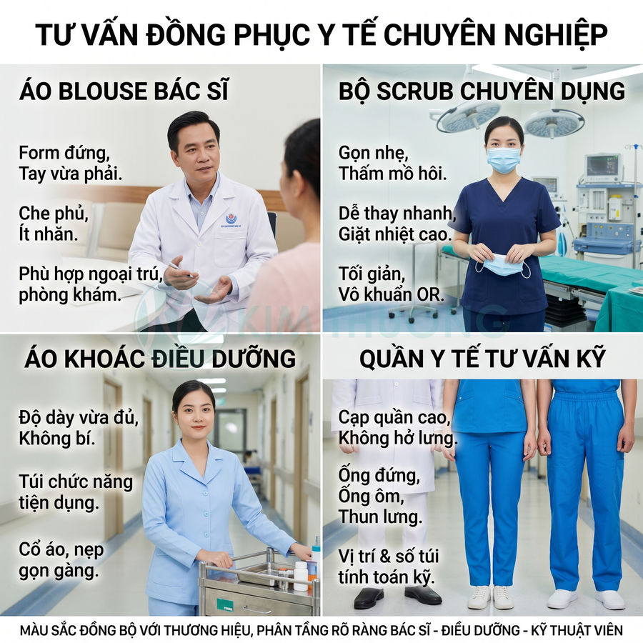 Đồng phục y tế chuyên nghiệp gồm áo blouse bác sĩ, áo khoác điều dưỡng, bộ scrub và quần y tế cho nhân viên bệnh viện