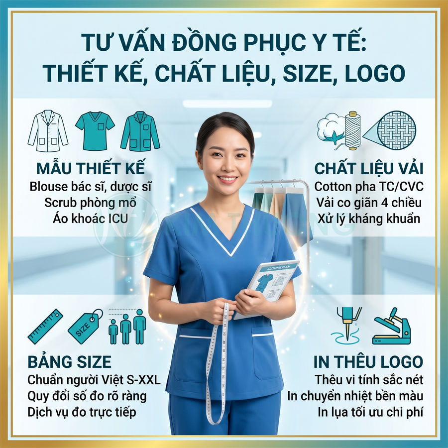 Tư vấn thiết kế đồng phục y tế chuyên nghiệp với mẫu scrub, blouse, áo khoác ICU, chất liệu cotton co giãn kháng khuẩn