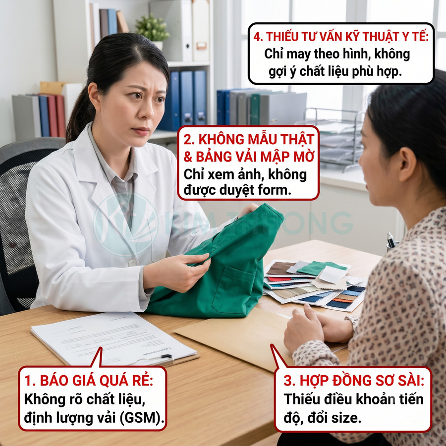 Bác sĩ tư vấn chọn vải may đồng phục y tế màu xanh cho khách hàng trong phòng làm việc