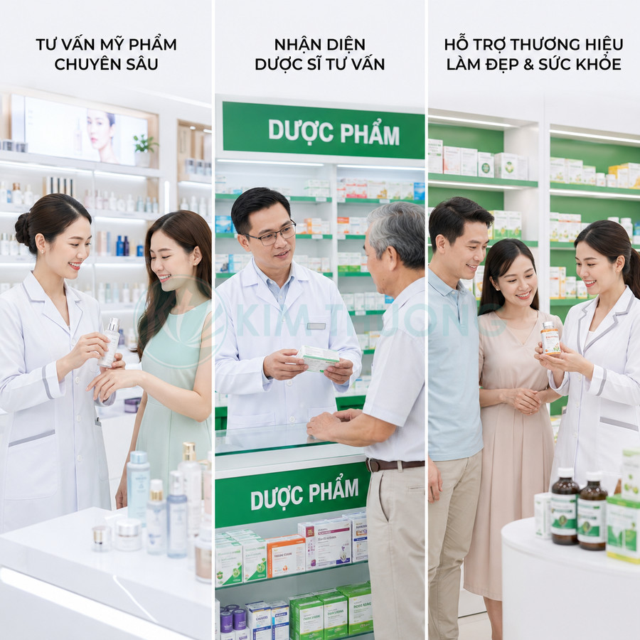 Dược sĩ tư vấn mỹ phẩm và thực phẩm chức năng cho khách hàng tại nhà thuốc hiện đại