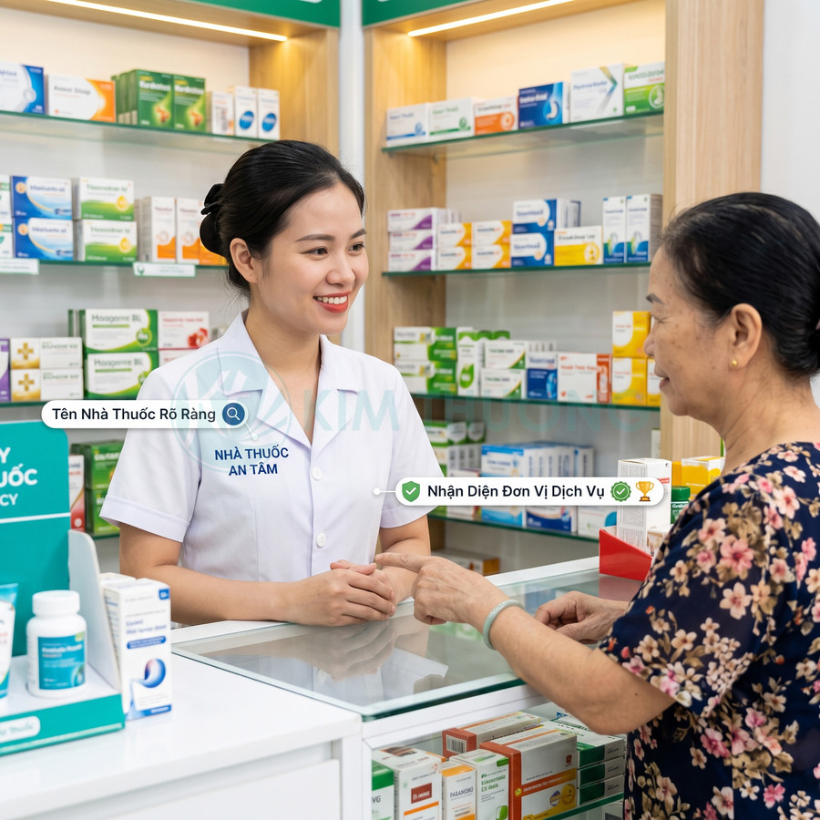 Dược sĩ nhà thuốc An Tâm tư vấn thuốc cho khách hàng lớn tuổi tại quầy bán thuốc