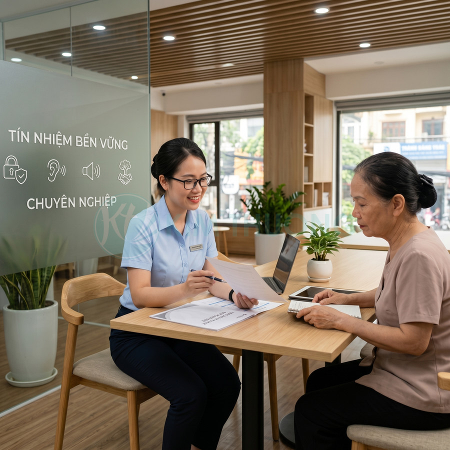 Nhân viên tư vấn dịch vụ tài chính đang hỗ trợ khách hàng lớn tuổi tại văn phòng hiện đại