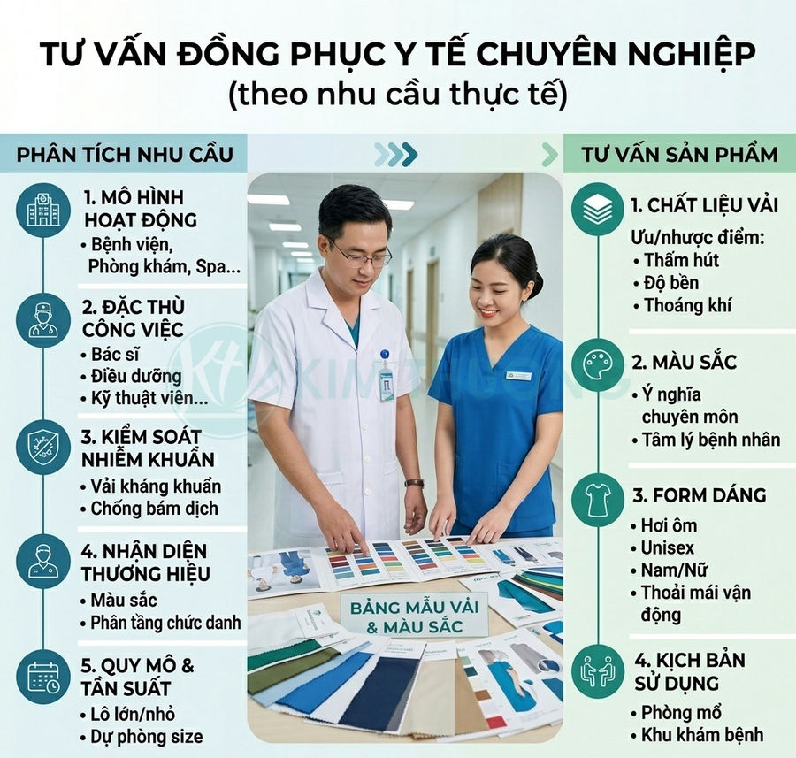 Tư vấn chọn đồng phục y tế chuyên nghiệp với bác sĩ và y tá xem bảng mẫu vải và màu sắc trong bệnh viện