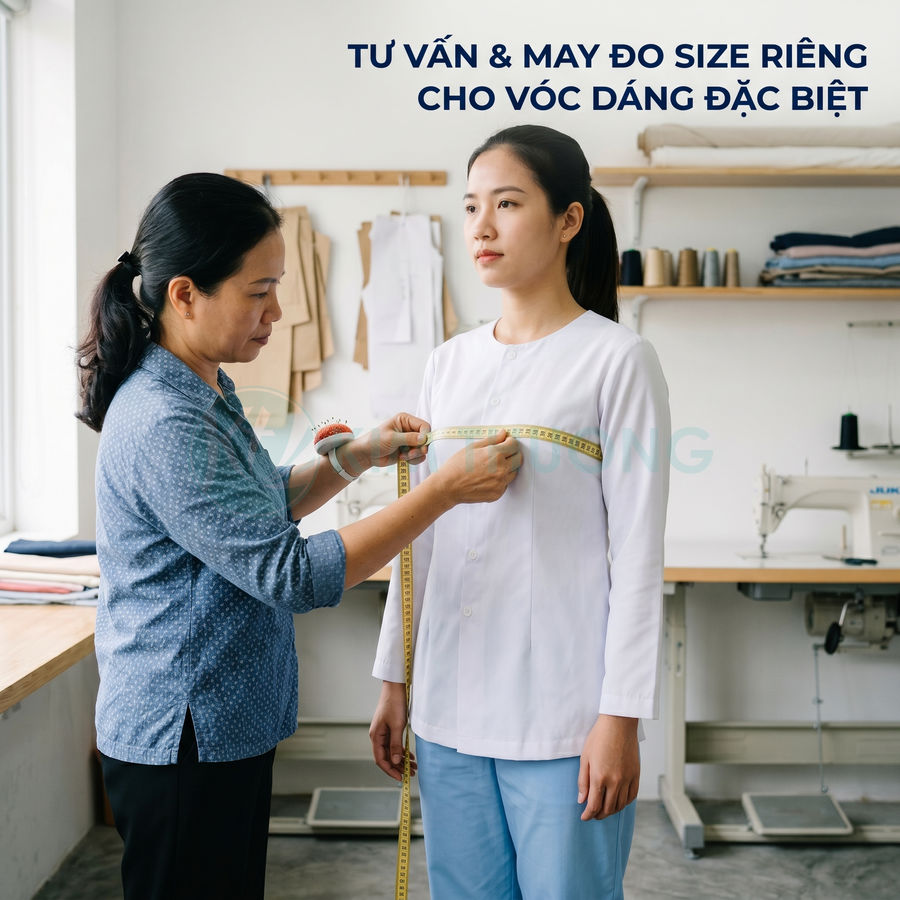 Thợ may đo vòng ngực cho nữ khách hàng mặc đồng phục y tá trong xưởng may chuyên may đo riêng