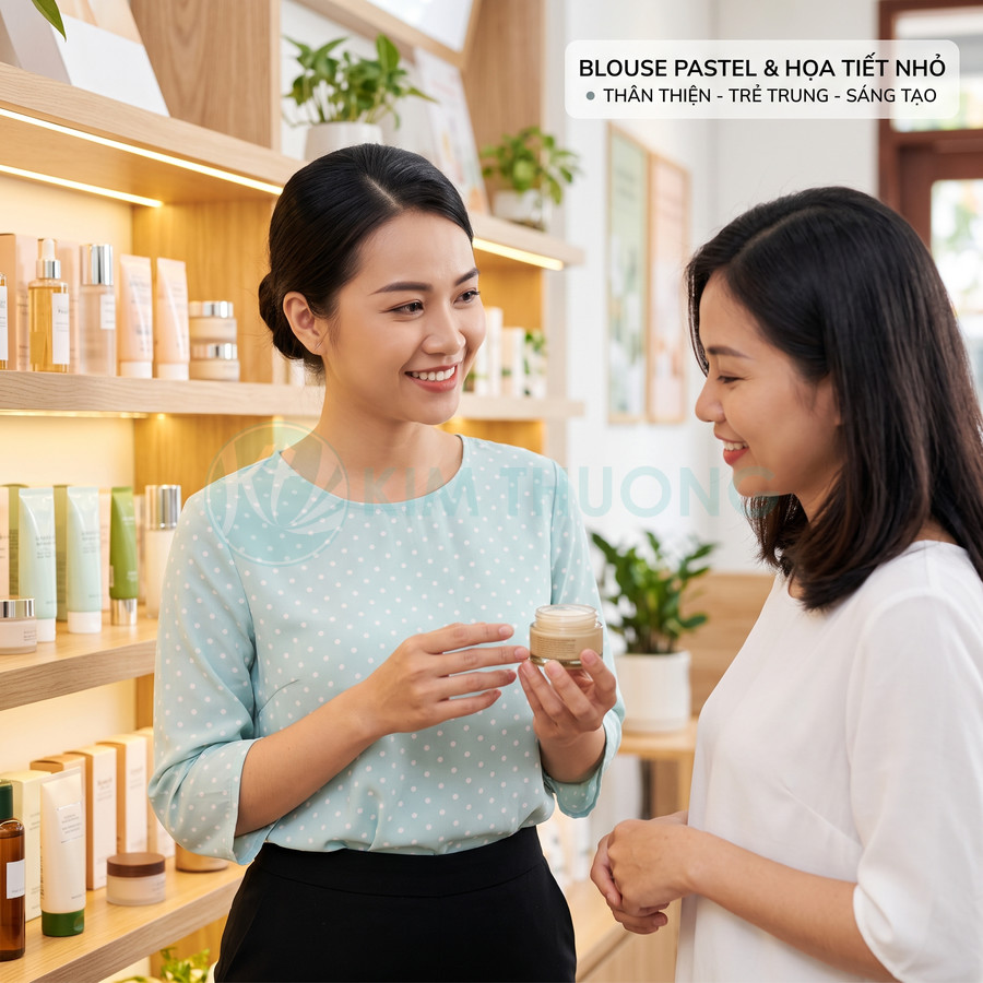 Nhân viên tư vấn mỹ phẩm cầm hũ kem dưỡng da giới thiệu cho khách hàng trong cửa hàng làm đẹp