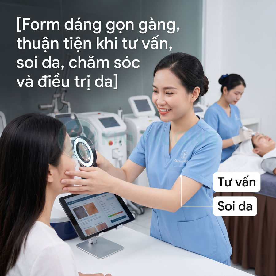 Kỹ thuật viên da liễu soi da cho khách hàng bằng đèn chuyên dụng và máy phân tích da trong spa chăm sóc da