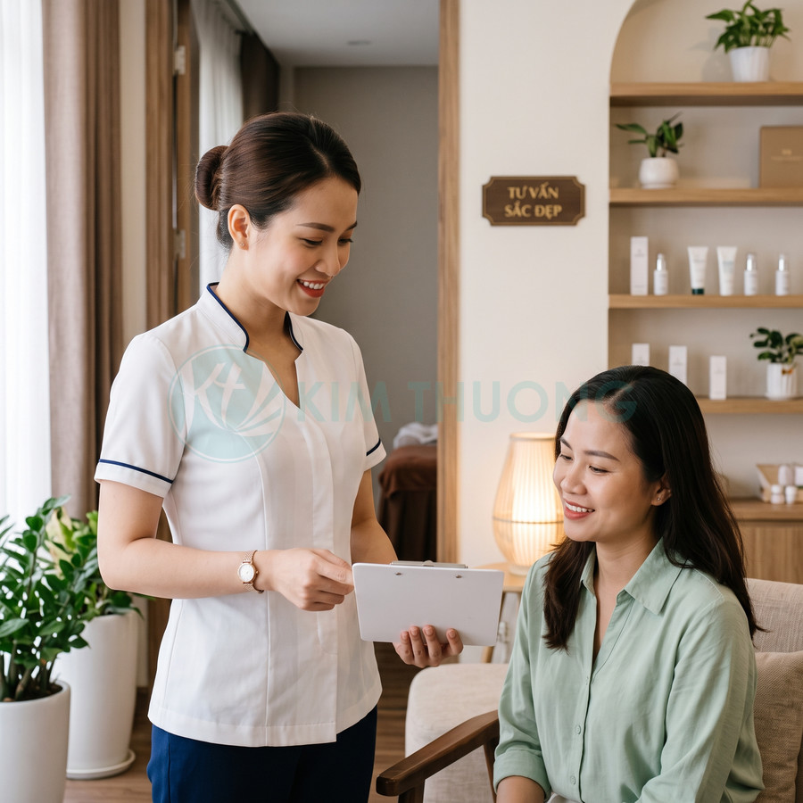 Nhân viên spa tư vấn dịch vụ chăm sóc da cho khách hàng nữ trong phòng tư vấn sắc đẹp