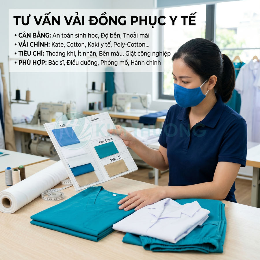 Nhân viên tư vấn chọn vải may đồng phục y tế với mẫu vải Kate Cotton Kaki Poly Cotton trên bàn may
