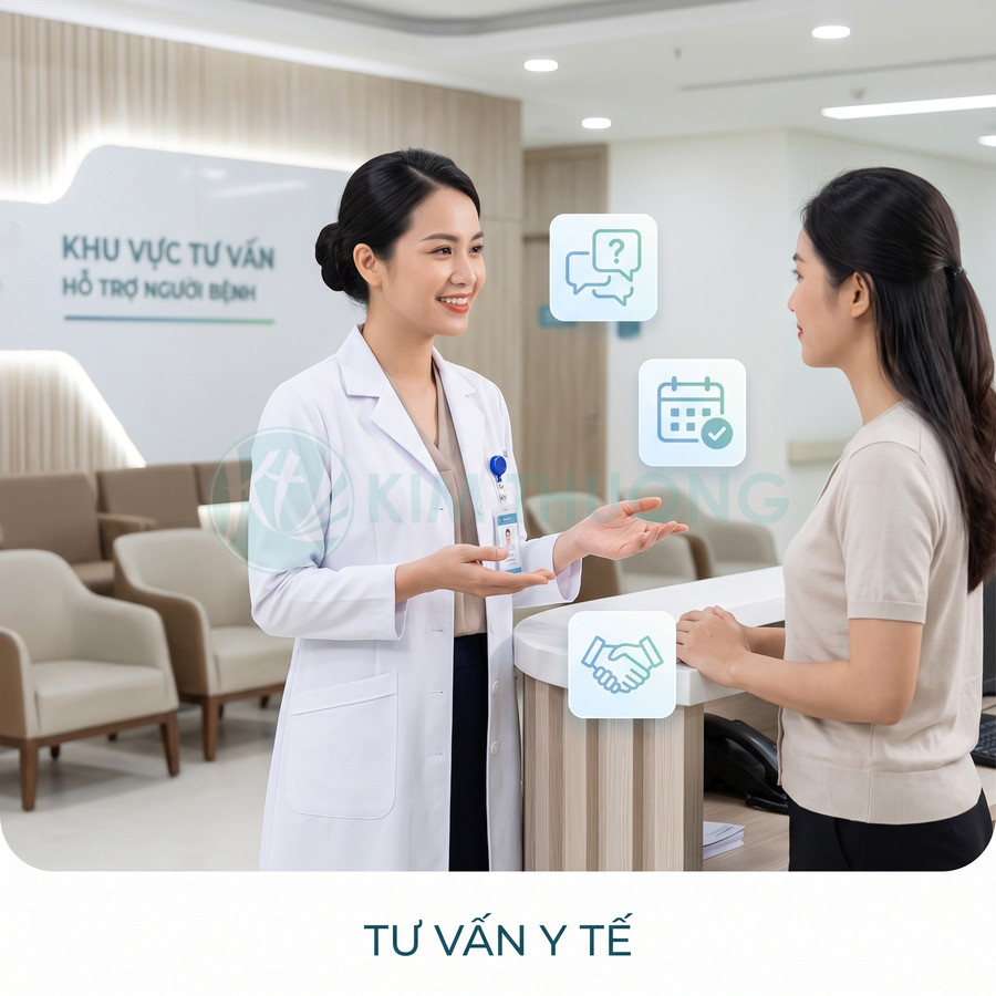 Bác sĩ nữ tư vấn sức khỏe cho bệnh nhân tại quầy tiếp đón trong khu vực hỗ trợ người bệnh