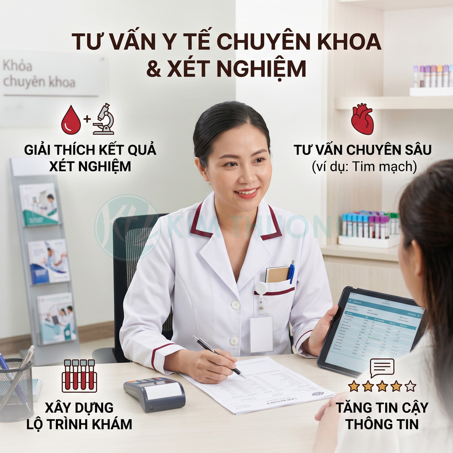 Bác sĩ tư vấn y tế chuyên khoa cho bệnh nhân, giải thích kết quả xét nghiệm và xây dựng lộ trình khám