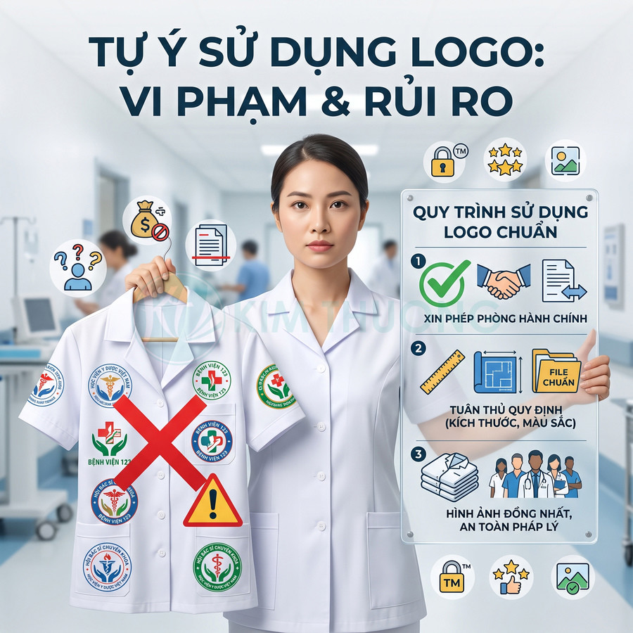Nữ nhân viên y tế cầm áo blouse gắn nhiều logo bệnh viện bị gạch chéo và bảng quy trình sử dụng logo chuẩn