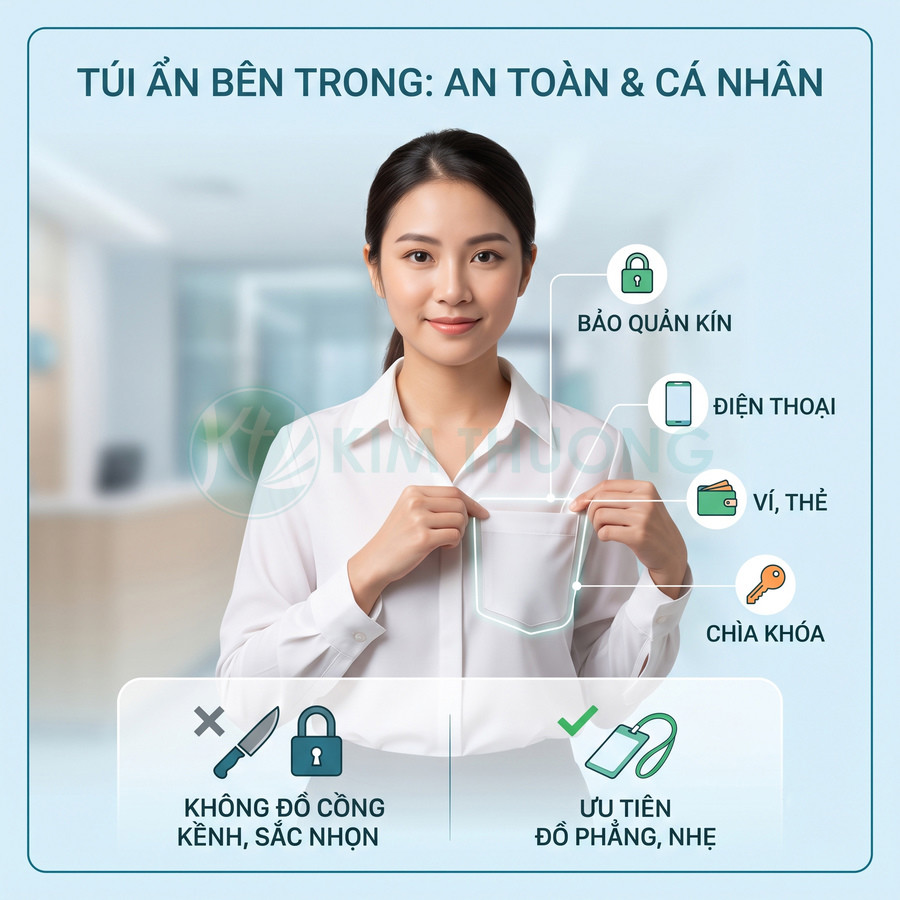 Áo sơ mi có túi ẩn bên trong dùng cất điện thoại, ví thẻ và chìa khóa an toàn, ưu tiên đồ phẳng nhẹ