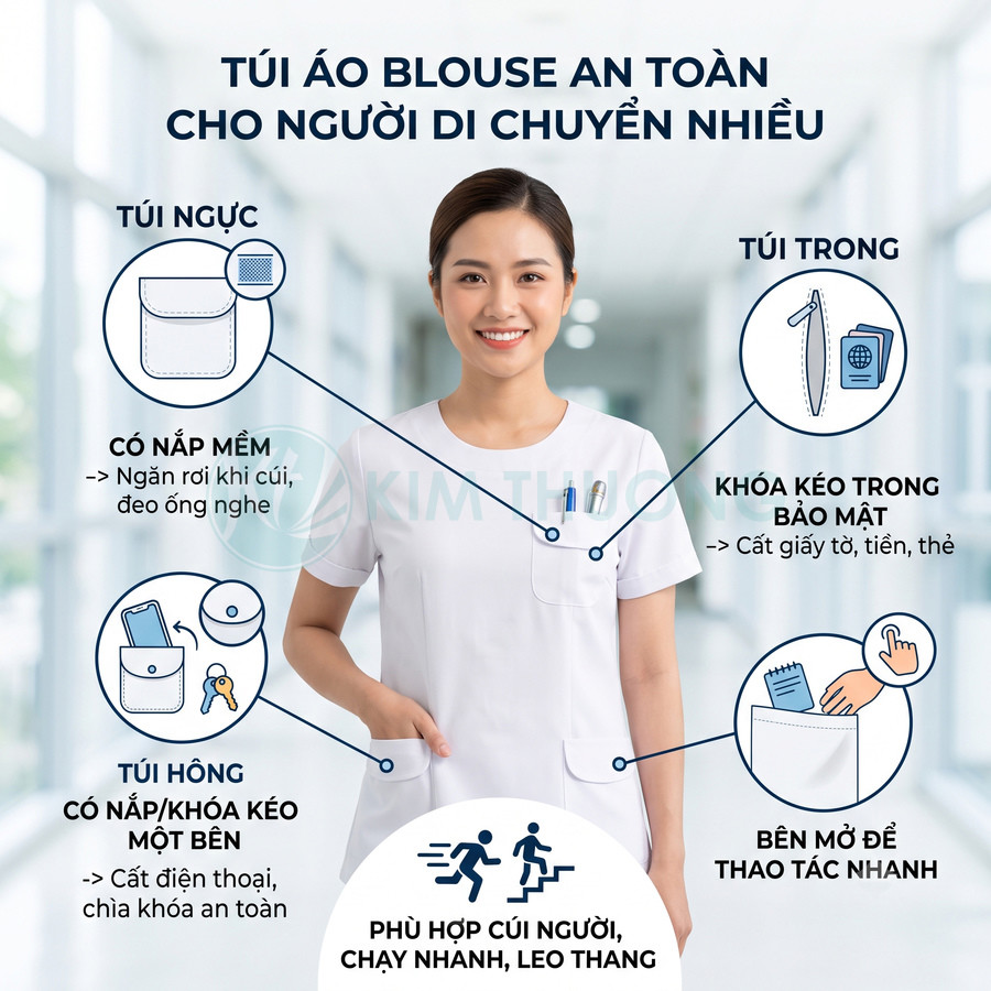 Áo blouse y tế nữ màu trắng với nhiều túi tiện lợi và khóa kéo an toàn cho người di chuyển nhiều