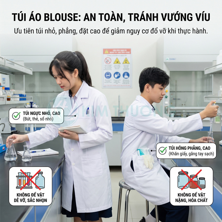 Áo blouse phòng thí nghiệm có túi ngực nhỏ và túi hông phẳng đặt cao, tránh đựng vật sắc nhọn, dễ vỡ hoặc hóa chất