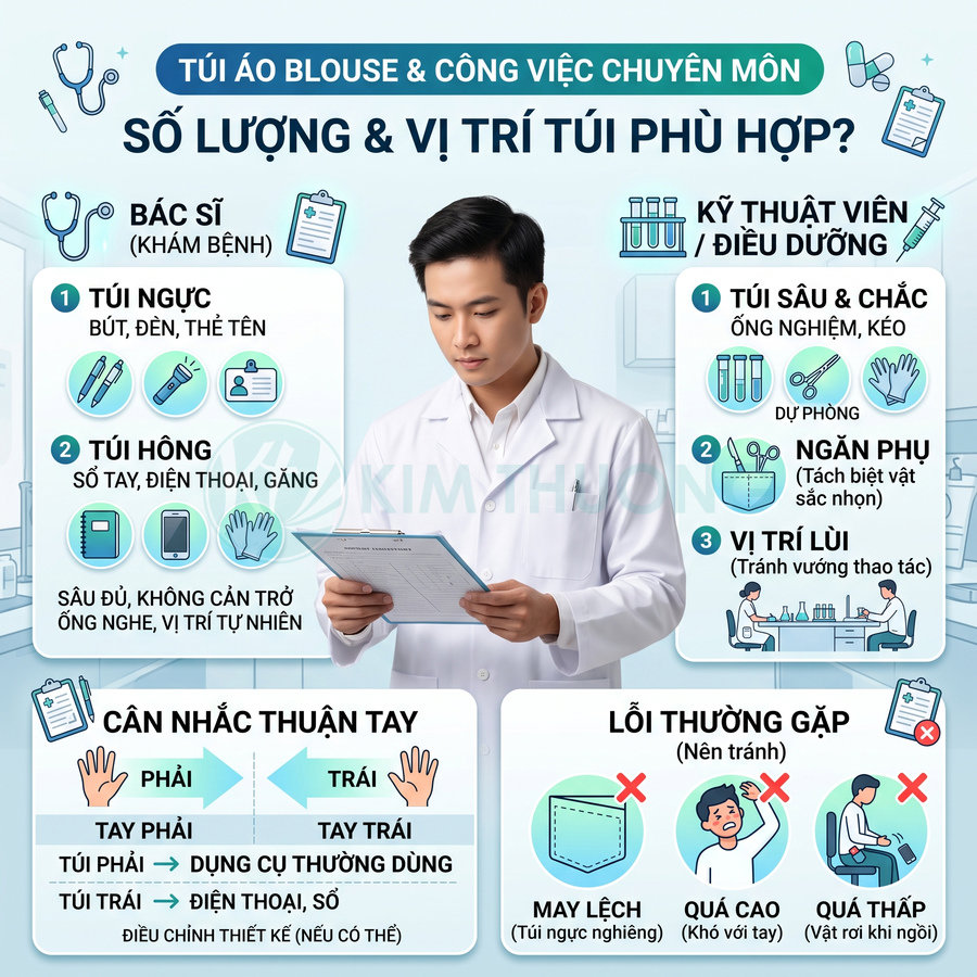 Bác sĩ mặc áo blouse trắng cầm bảng hồ sơ, minh họa vị trí túi áo phù hợp cho bác sĩ và điều dưỡng