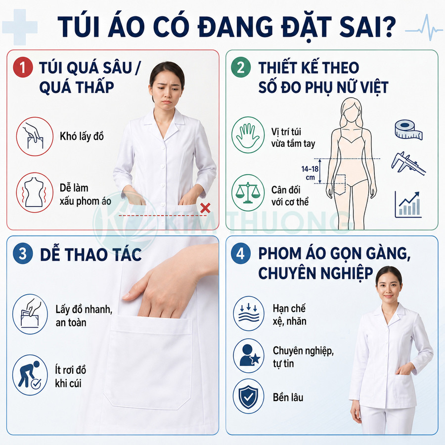 Áo blouse nữ trắng thiết kế túi trước vừa tầm tay, phom gọn gàng chuyên nghiệp cho nhân viên y tế