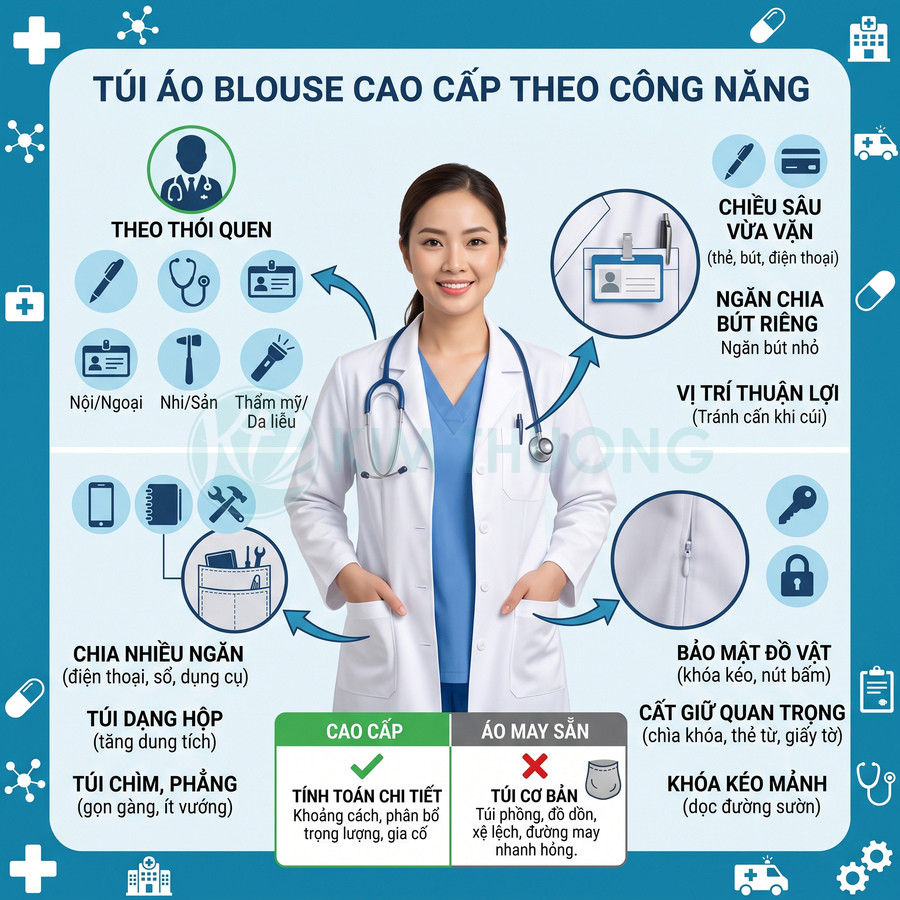 Áo blouse bác sĩ cao cấp màu trắng nhiều túi tiện dụng cho điện thoại, bút và thẻ tên