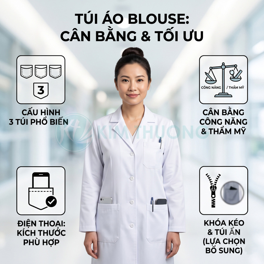 Áo blouse bác sĩ trắng với thiết kế 3 túi tiện dụng, chứa điện thoại và bút, phù hợp môi trường y tế