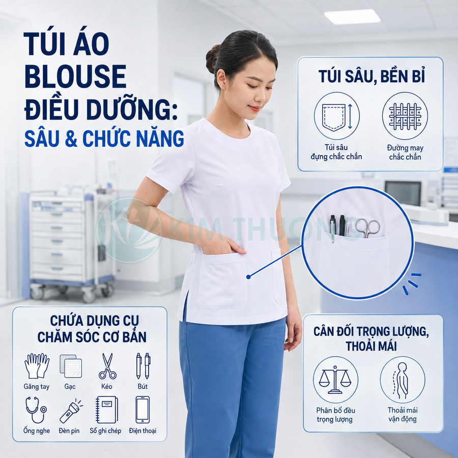 Túi áo blouse điều dưỡng màu trắng sâu và chắc chắn, chứa bút và kéo, phù hợp đựng dụng cụ chăm sóc cơ bản