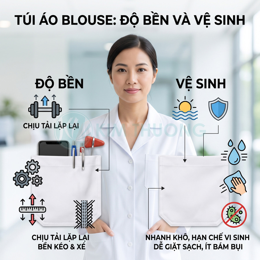 Túi áo blouse y tế màu trắng bền chắc, chống kéo xé, dễ giặt sạch, nhanh khô và hạn chế bám bụi, vi sinh