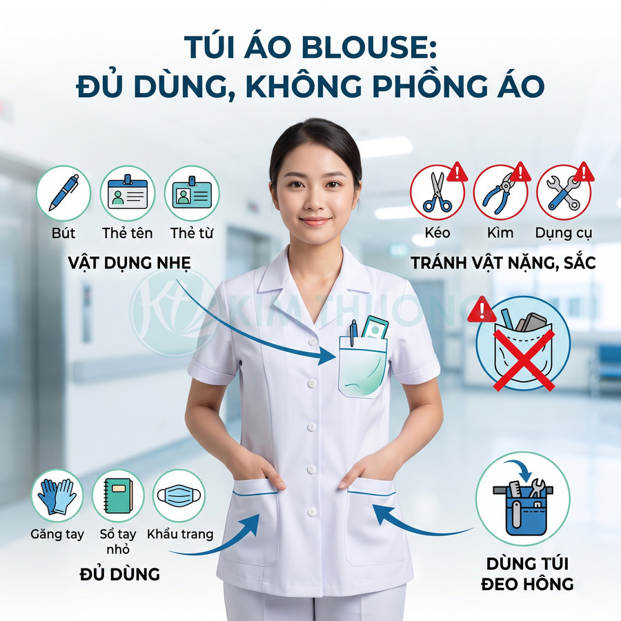 Áo blouse y tá nữ với thiết kế túi áo gọn gàng đựng bút, thẻ tên, găng tay và khẩu trang