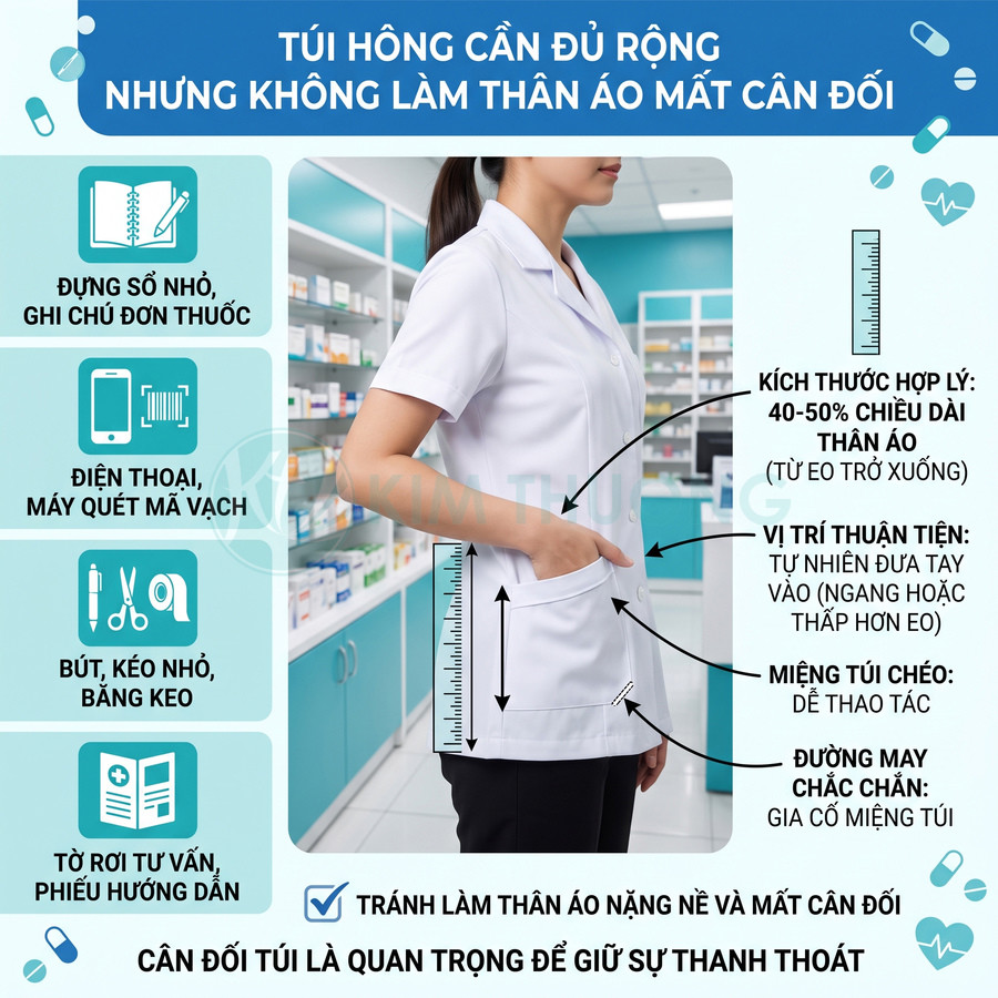 Áo blouse dược sĩ nữ màu trắng với túi hông rộng tiện dụng trong nhà thuốc