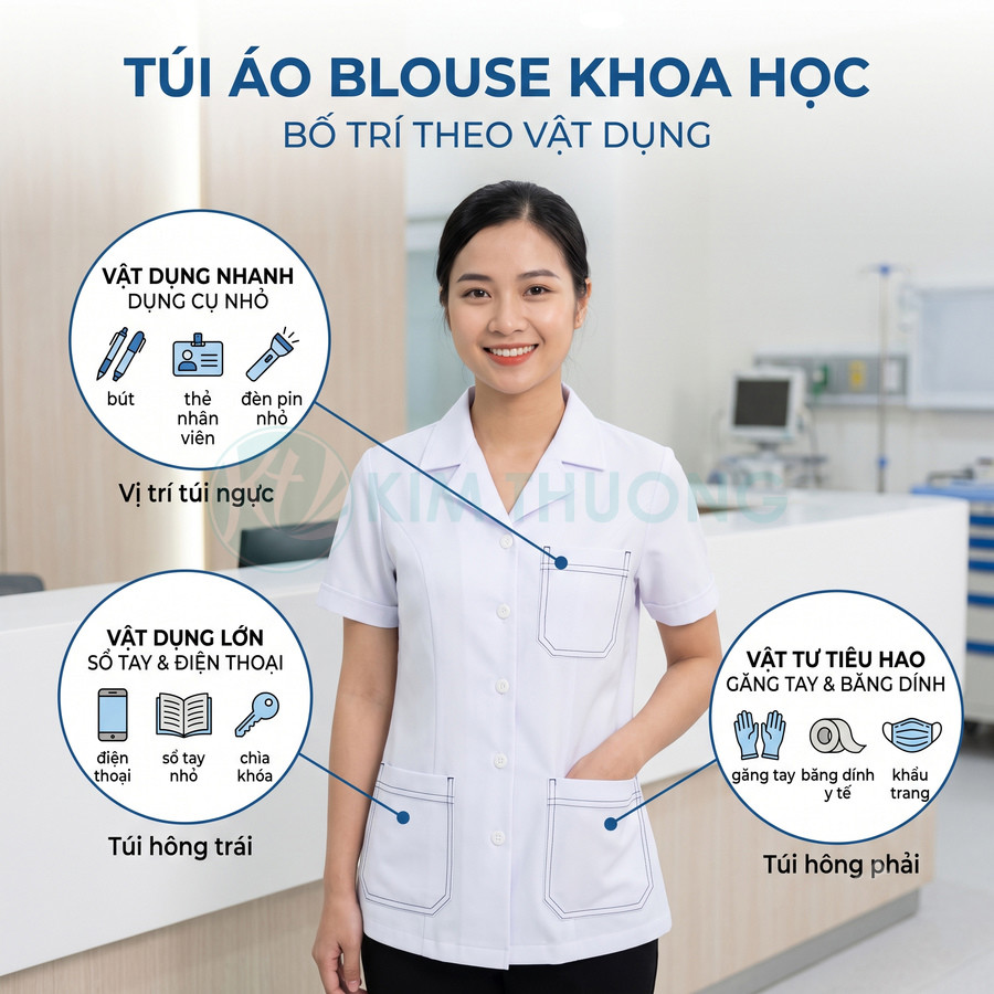 Áo blouse nữ trắng nhiều túi tiện dụng cho nhân viên y tế đứng trong phòng khám