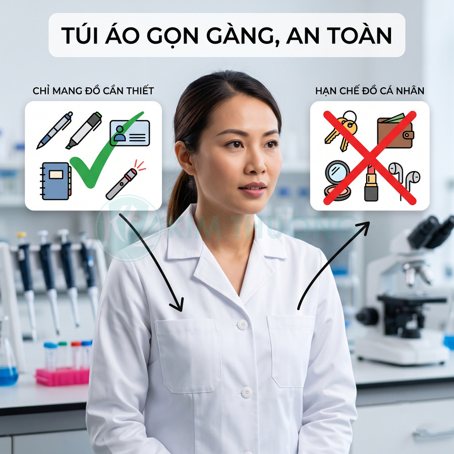 Áo blouse phòng thí nghiệm túi áo gọn gàng chỉ mang bút sổ thẻ tên hạn chế đồ cá nhân