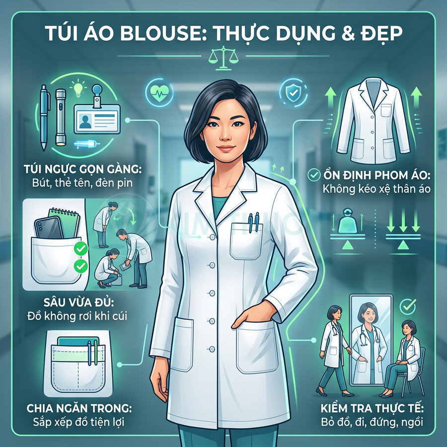 Áo blouse bác sĩ nữ với nhiều túi tiện dụng, chia ngăn gọn gàng để đựng bút, thẻ tên và dụng cụ y tế