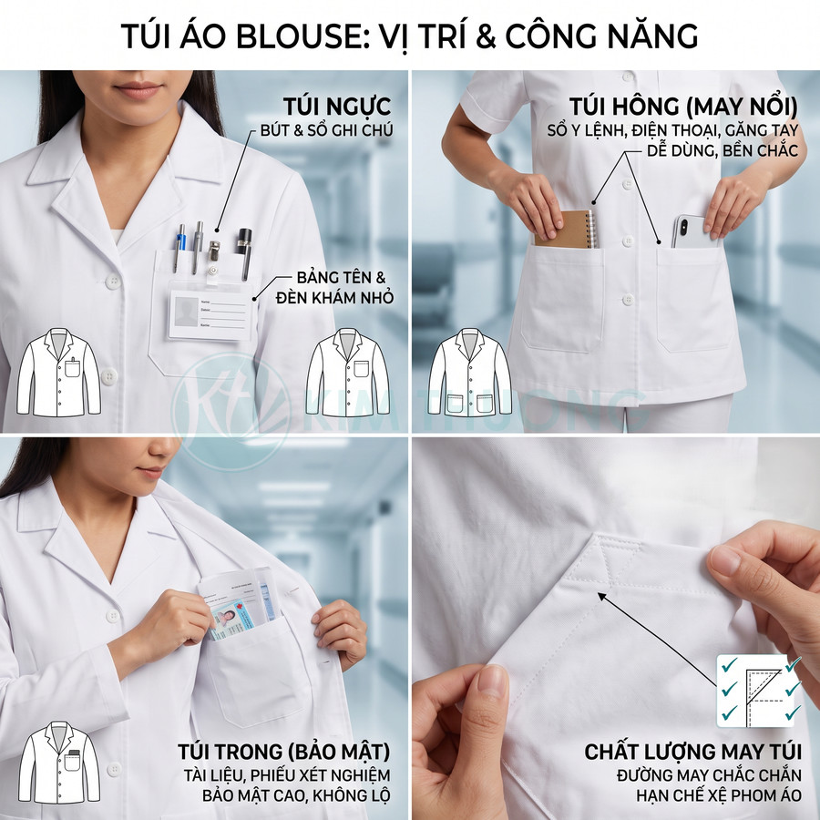 Túi áo blouse bác sĩ nhiều ngăn tiện dụng đựng bút, điện thoại, tài liệu và được may chắc chắn