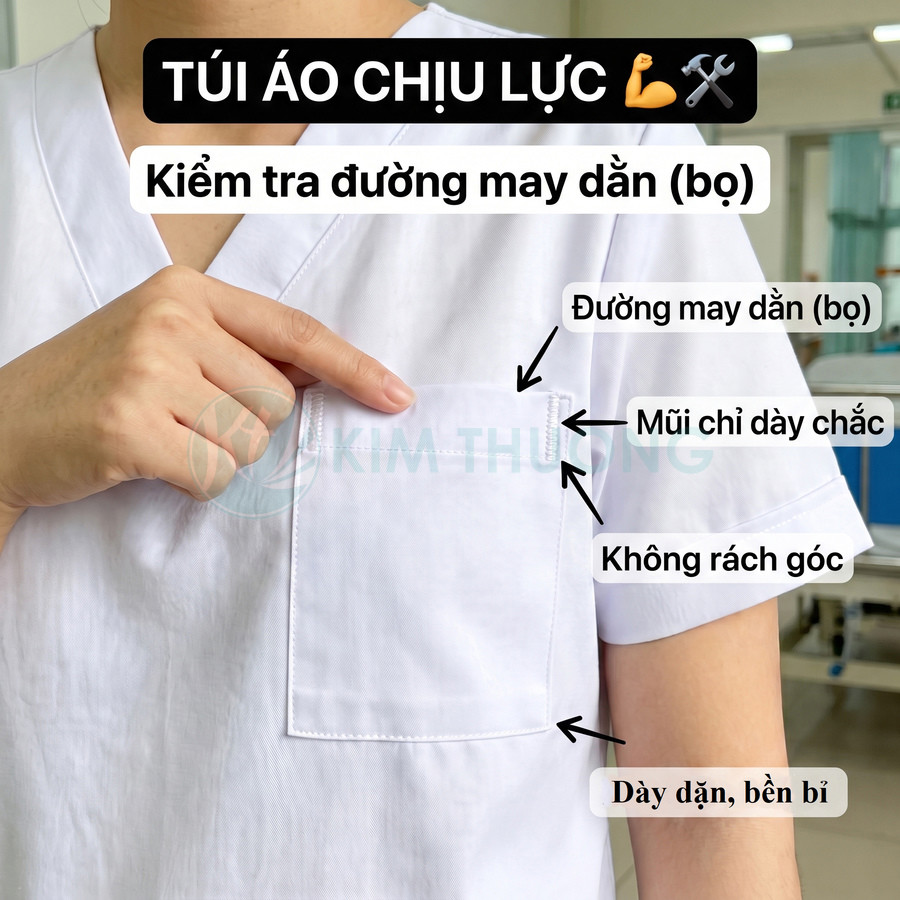 Túi áo trên đồng phục trắng với đường may dằn chắc chắn, góc túi được gia cố chống rách