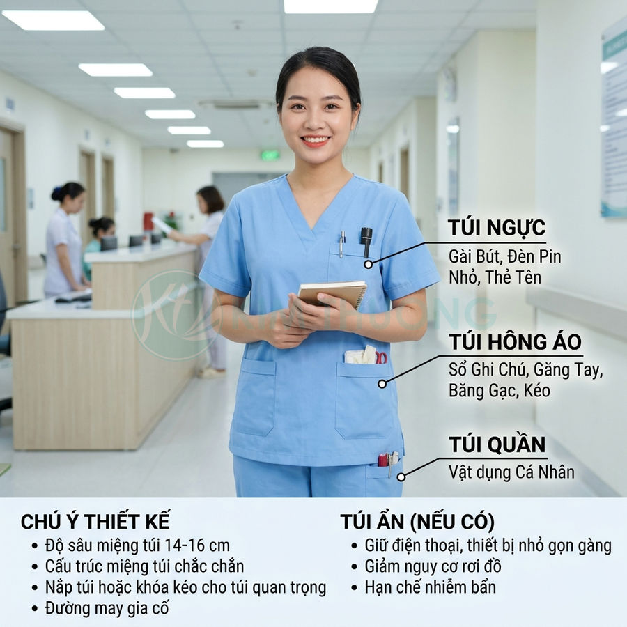 Đồng phục điều dưỡng màu xanh với nhiều túi chức năng đựng bút, sổ tay, kéo và dụng cụ y tế nhỏ