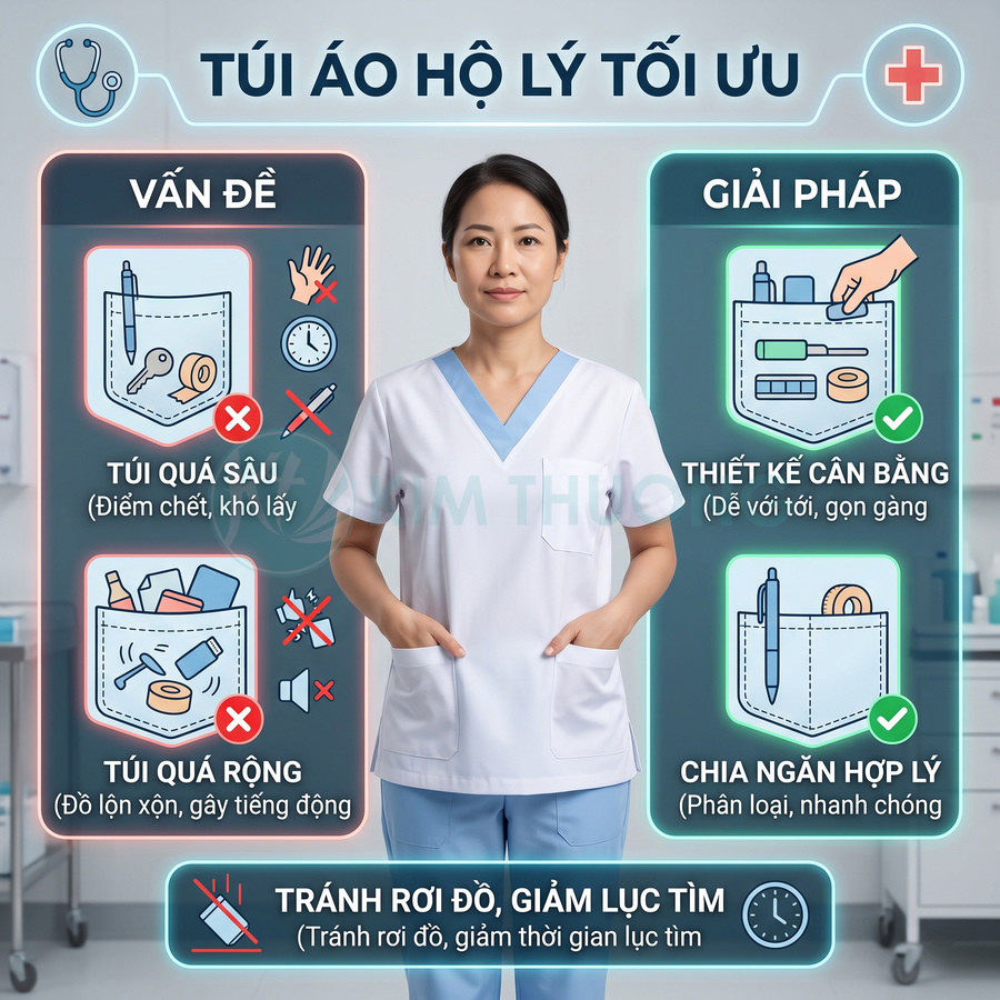 Đồng phục hộ lý nữ với thiết kế túi áo tối ưu, chia ngăn gọn gàng giúp cất giữ dụng cụ y tế tiện lợi