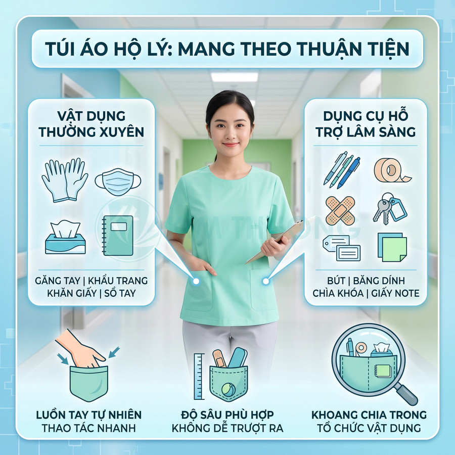 Túi áo hộ lý nhiều ngăn tiện lợi đựng găng tay khẩu trang bút sổ tay và dụng cụ y tế khi làm việc trong bệnh viện