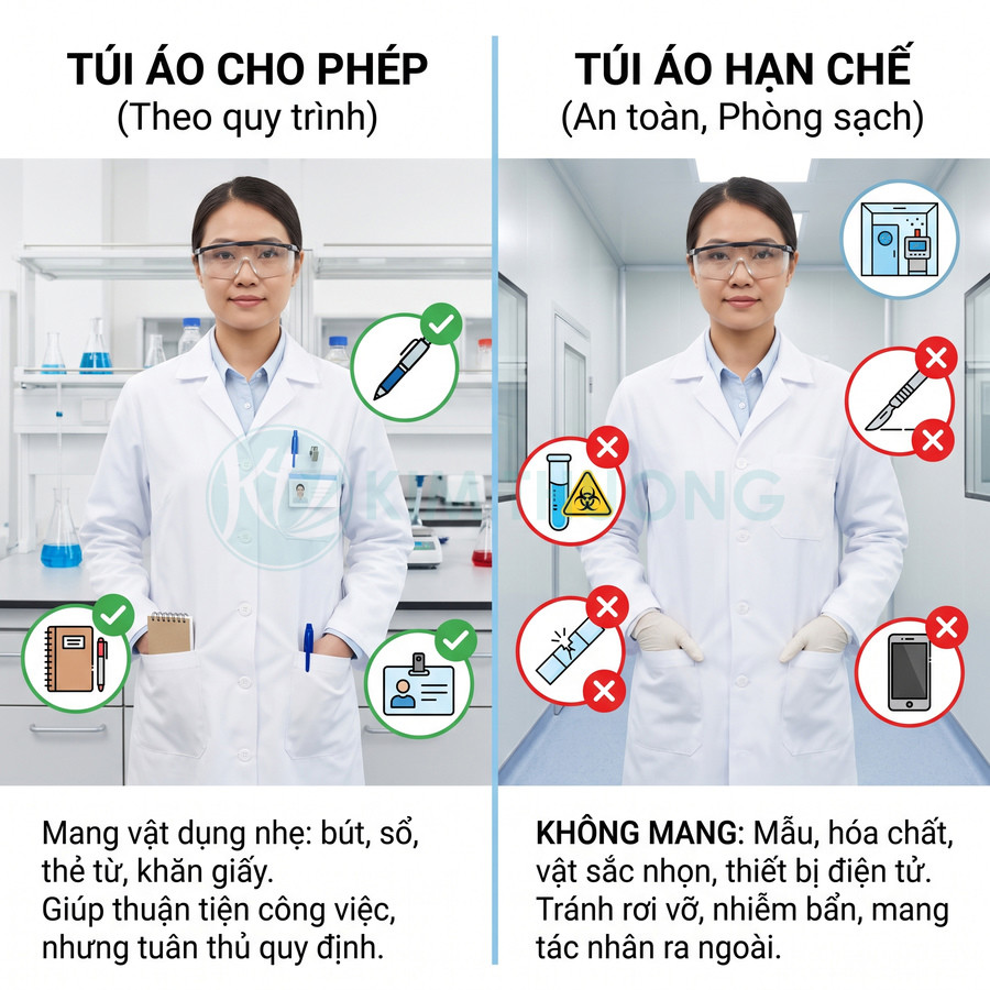 Hướng dẫn vật dụng được mang vào và hạn chế trong túi áo phòng sạch của nhân viên phòng thí nghiệm