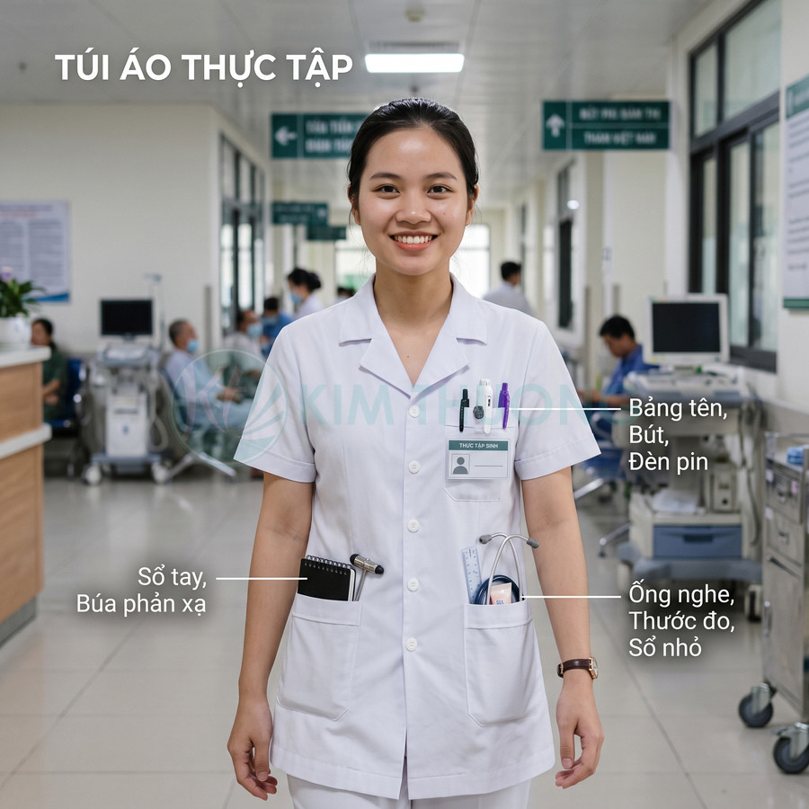Áo blouse thực tập sinh y khoa với nhiều túi đựng sổ tay, bút, ống nghe và dụng cụ y tế trong bệnh viện