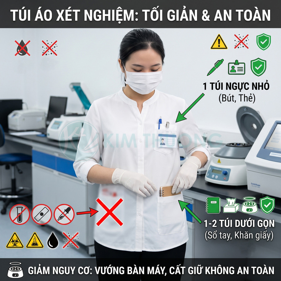 Áo blouse xét nghiệm có túi ngực nhỏ và túi dưới gọn cho bút, thẻ, sổ tay trong phòng thí nghiệm