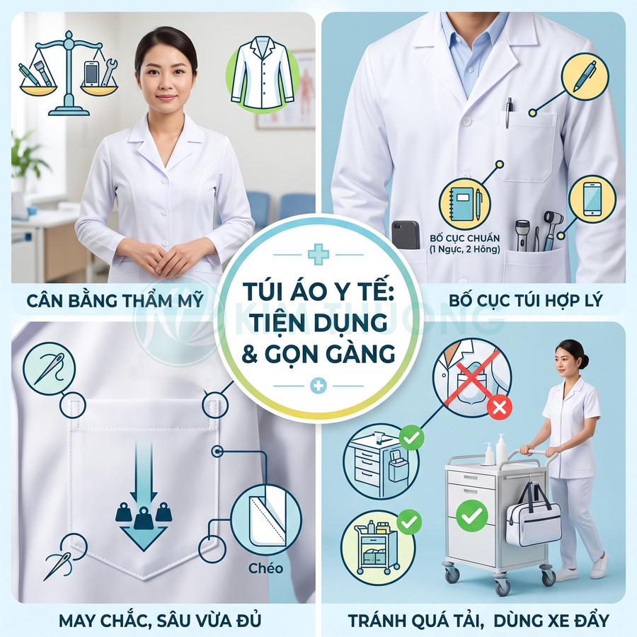 Áo blouse y tế trắng với thiết kế túi tiện dụng gọn gàng cho bác sĩ và điều dưỡng