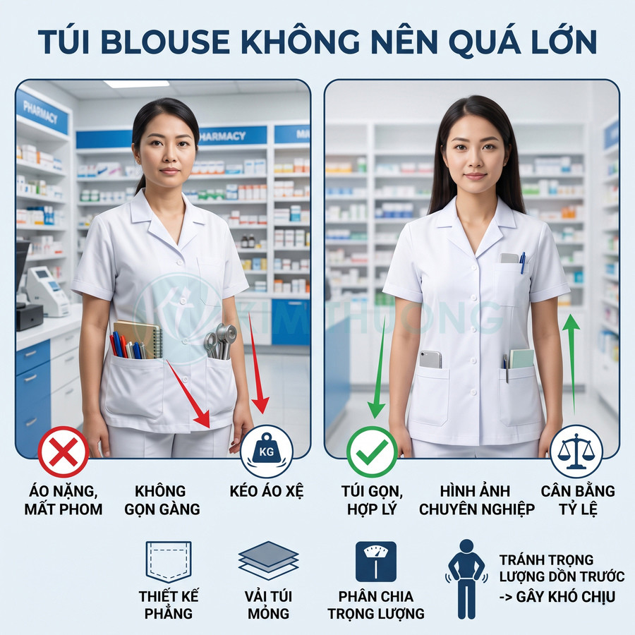 Áo blouse dược sĩ với thiết kế túi nhỏ gọn, phân chia hợp lý giúp trang phục gọn gàng và chuyên nghiệp