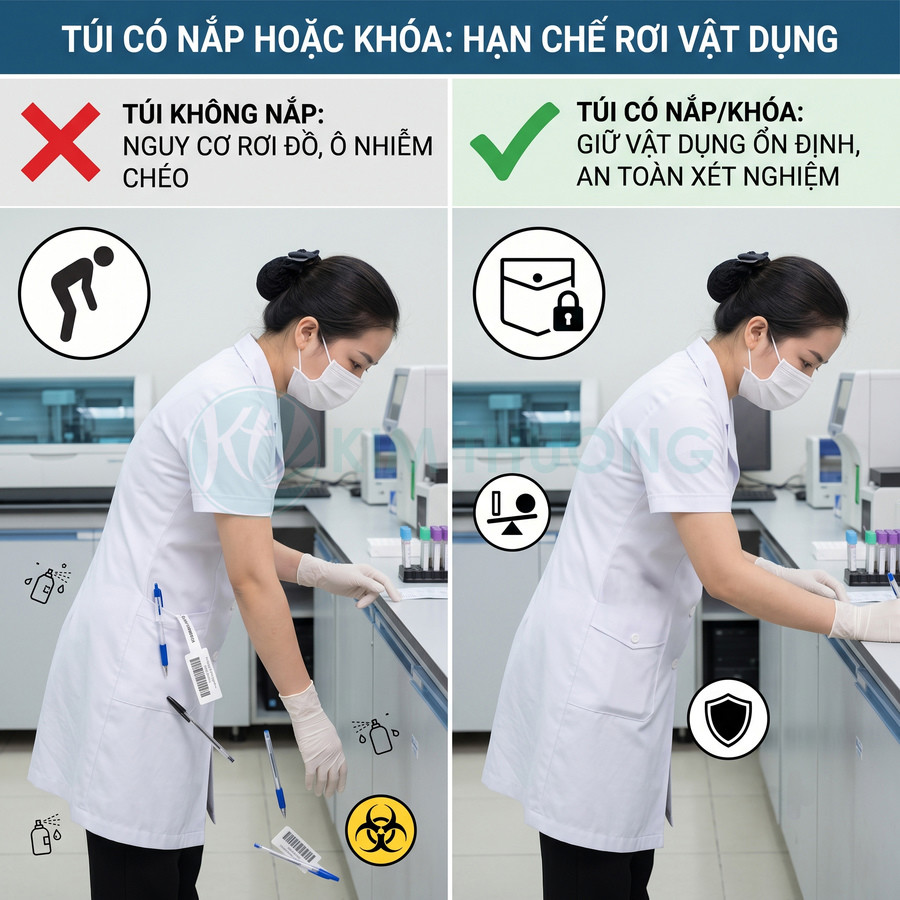 Nhân viên xét nghiệm dùng áo blouse có túi khóa nắp để giữ bút và ống nghiệm an toàn, tránh rơi vãi trong phòng lab
