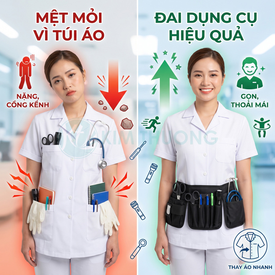 Nữ y tá so sánh mang nhiều dụng cụ trong túi áo với sử dụng đai đựng dụng cụ y tế gọn nhẹ, tiện lợi