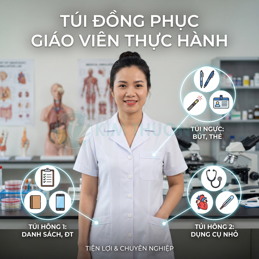 Nữ giáo viên thực hành mặc áo blouse trắng có nhiều túi đựng bút, điện thoại và dụng cụ y tế trong phòng thí nghiệm