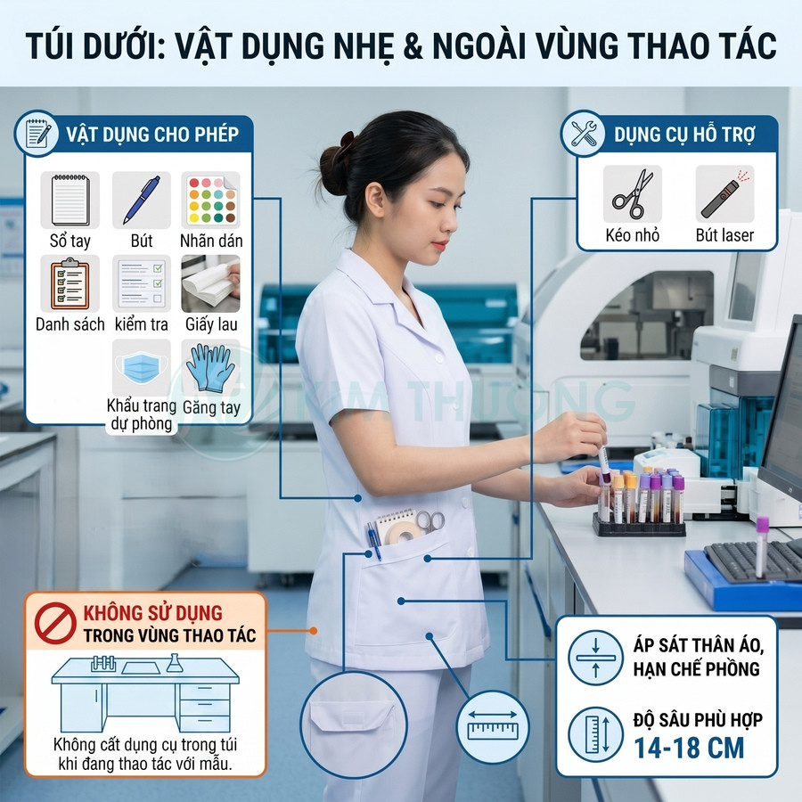 Nhân viên y tế mặc đồng phục trắng thao tác với ống nghiệm trong phòng thí nghiệm, mang túi đựng dụng cụ nhỏ gọn