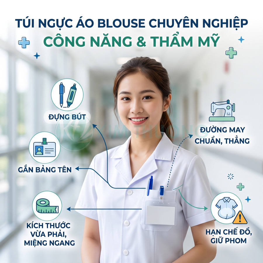 Nữ nhân viên y tế mặc áo blouse trắng có túi ngực cài bút và bảng tên trong hành lang bệnh viện