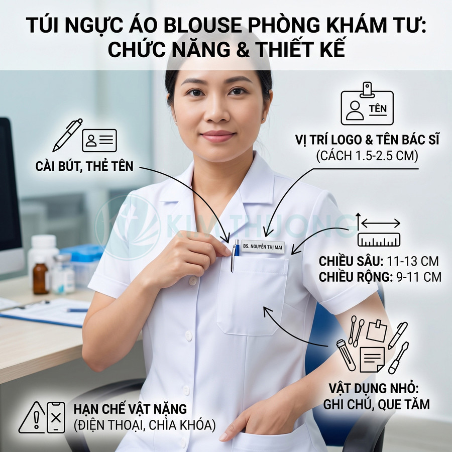 Túi ngực áo blouse bác sĩ phòng khám tư, thiết kế cài bút, thẻ tên và đựng vật dụng y tế nhỏ