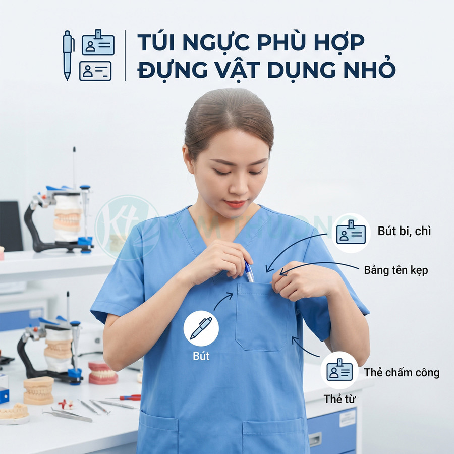 Đồng phục y tá màu xanh với túi ngực rộng đựng bút, bảng tên kẹp và thẻ từ tiện dụng