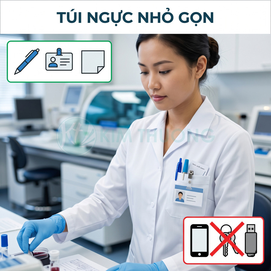 Áo blouse phòng thí nghiệm với túi ngực nhỏ gọn đựng bút và thẻ tên cho nhân viên y tế