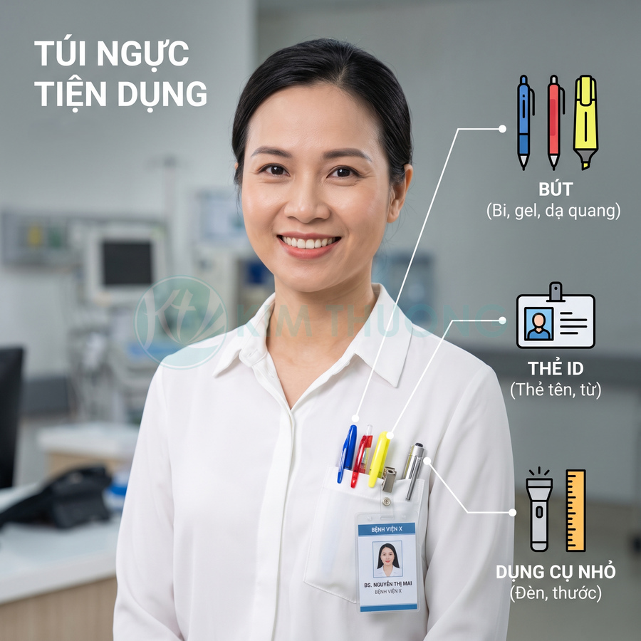 Áo blouse bác sĩ với túi ngực tiện dụng cài nhiều bút, thẻ ID và dụng cụ nhỏ trong bệnh viện